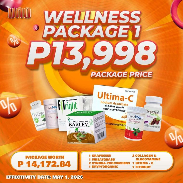 Wellness Package 1 official UNO package card showing the included products