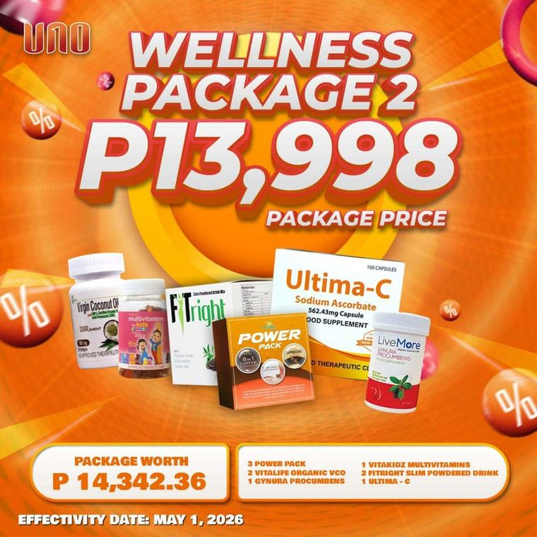Wellness Package 2 official UNO package card showing the included products