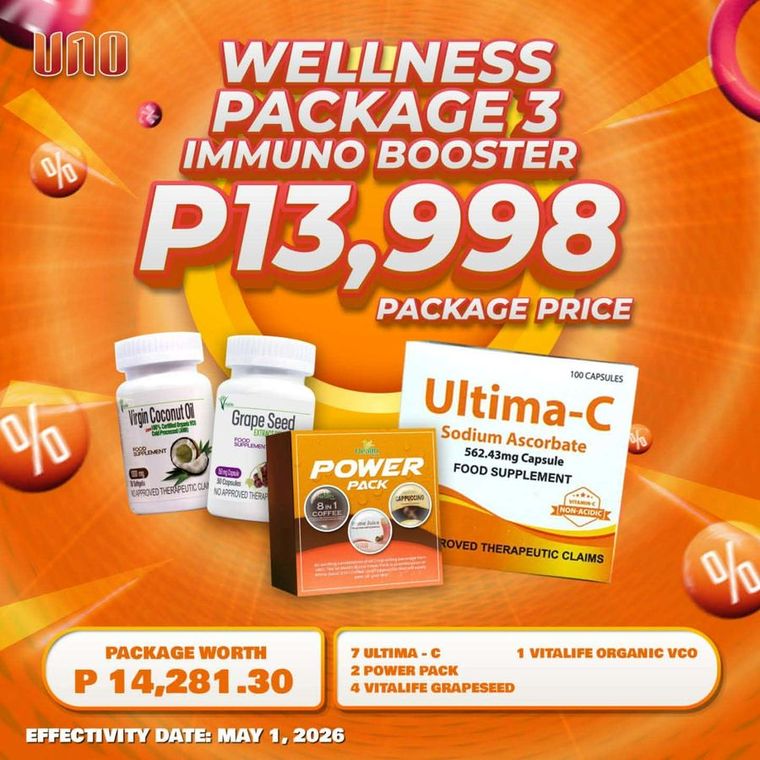 Wellness Package 3 Immuno Booster official UNO package card showing the included products