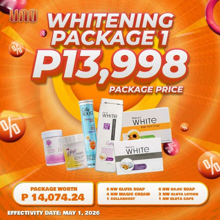 Whitening Package 1 official UNO package card showing the included products