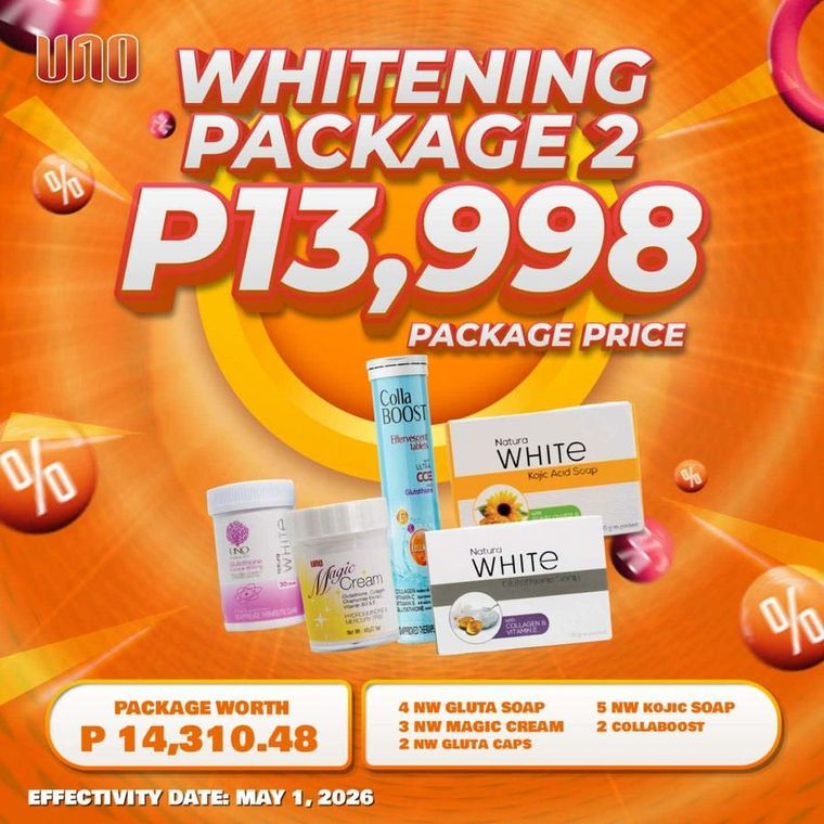 Whitening Package 2 official UNO package card showing the included products